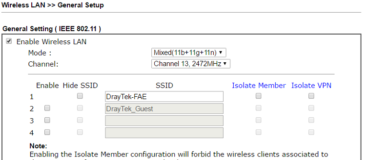 a screenshot of DrayOS WLAN general setup